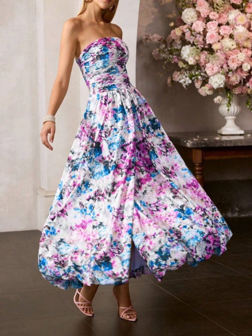 Blue Floral Print Strapless Maxi Dress with Pleated Bodice - Picture 2 of 6